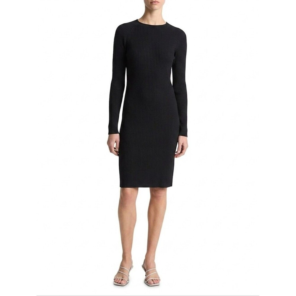 Vince Black Long-Sleeve Ribbed Sheath Dress